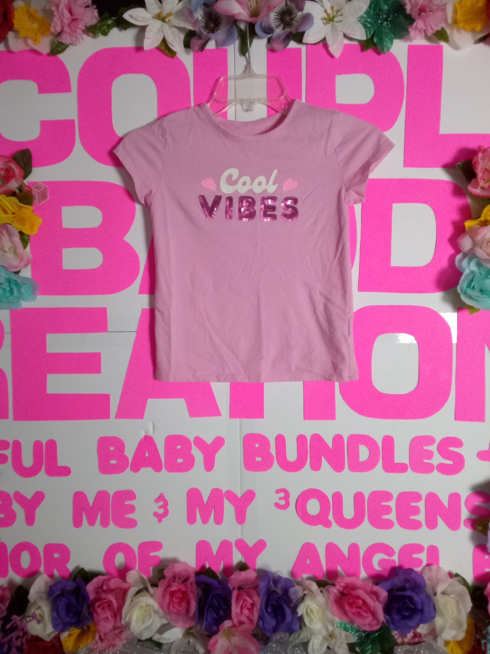 wonder nation Pink Short Sleeve Tee with Sequin 'VIBES' Graphic